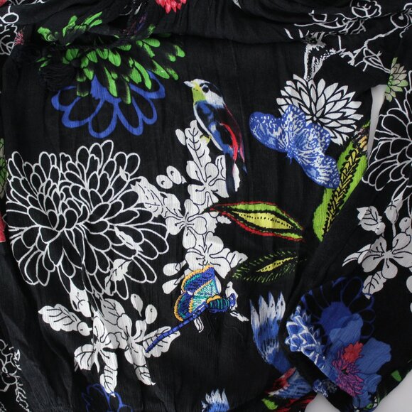 Desigual Floral Birds embroidered dragonfly Long Sleeve Tassel Tie Top sz Small - Picture 5 of 8